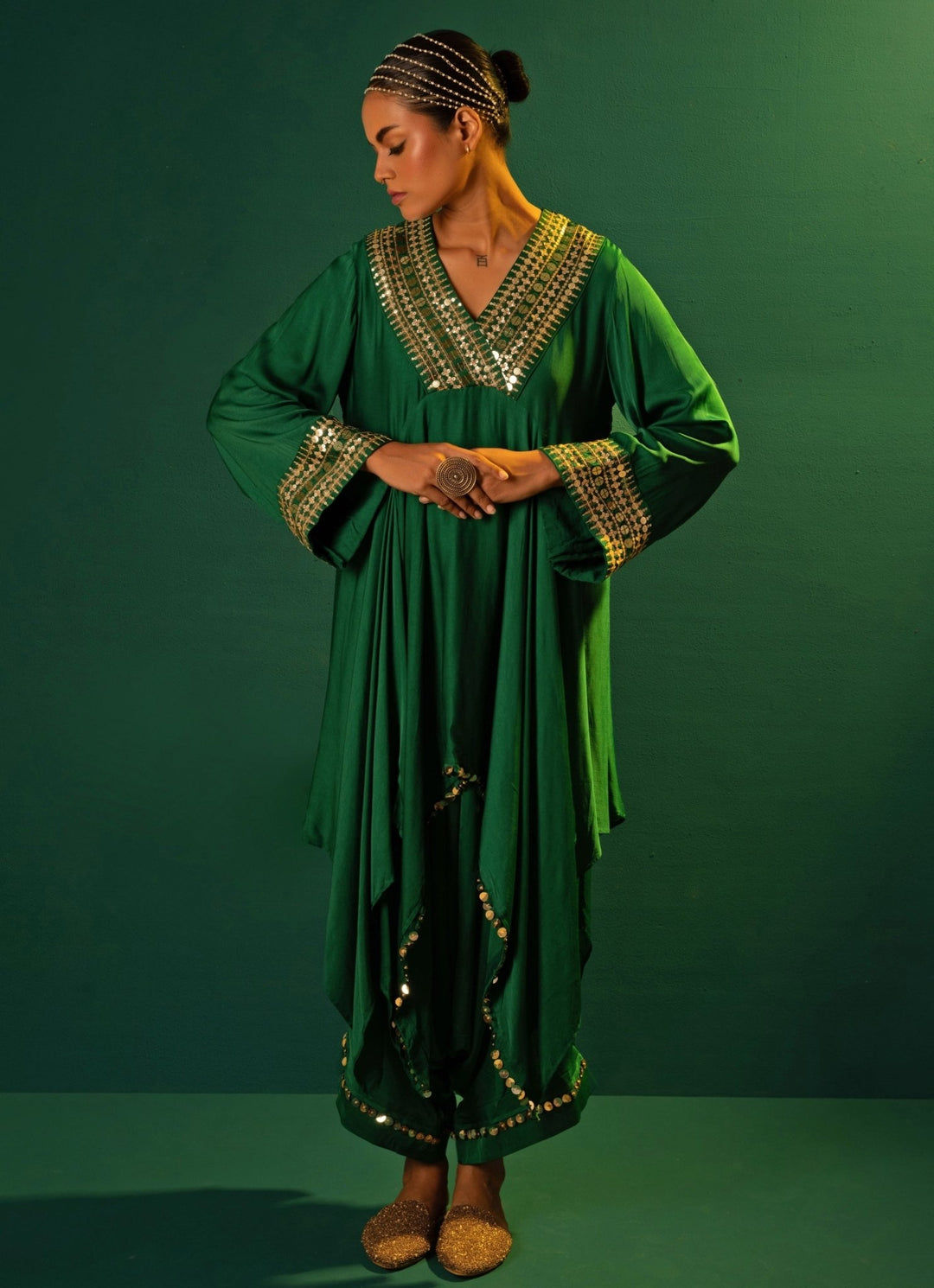 Green Embroidered High - Low Kurta Set Prahnaaya - Fabilicious Fashion