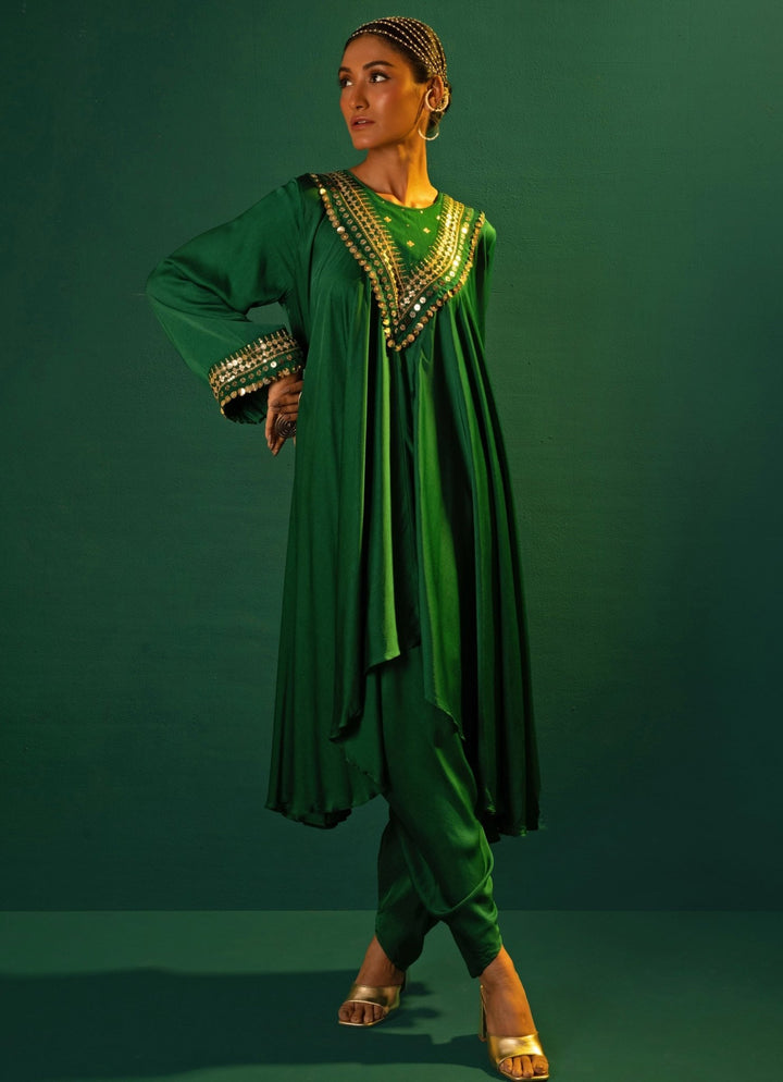 Green Embroidered High - Low Kurta Set Prahnaaya - Fabilicious Fashion