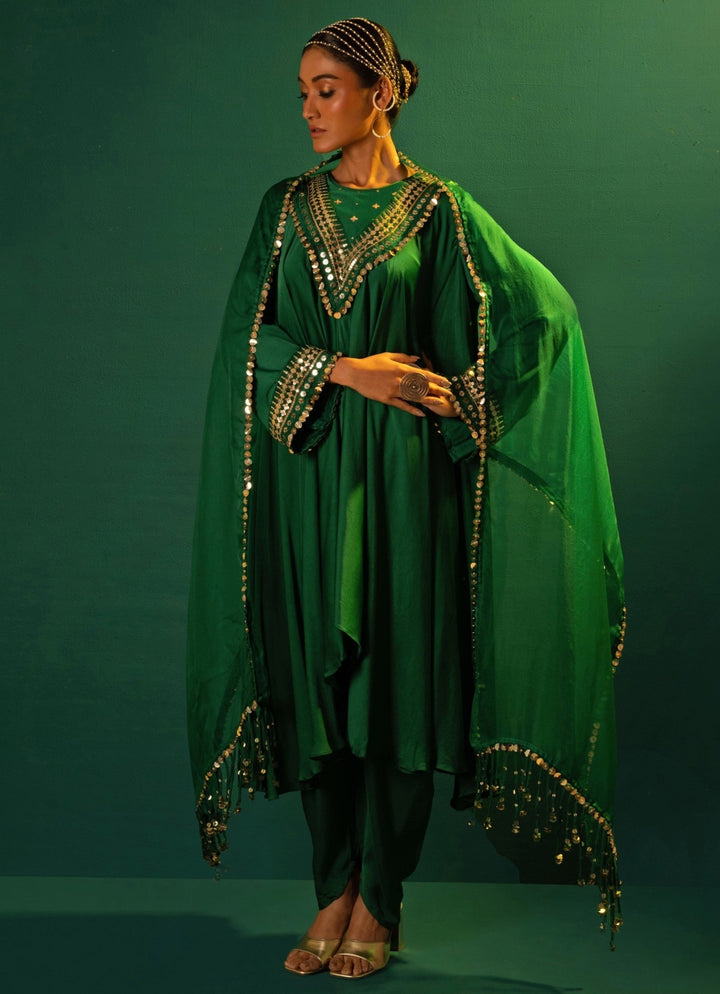 Green Embroidered High - Low Kurta Set Prahnaaya - Fabilicious Fashion