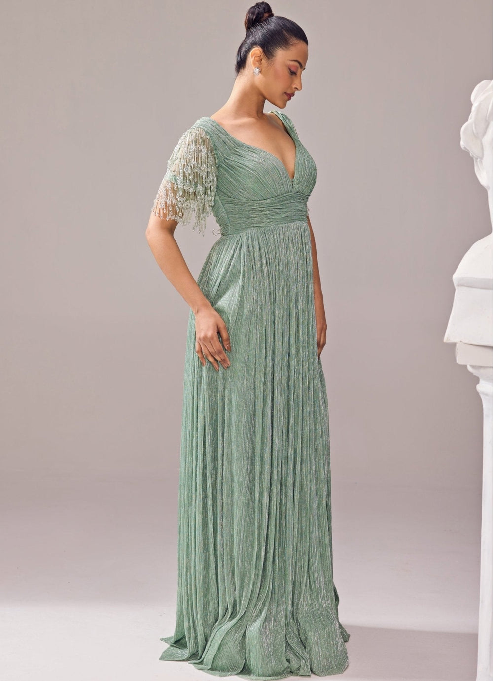 Green Embroidered High Slit Gown Jade by Ashima - Fabilicious Fashion