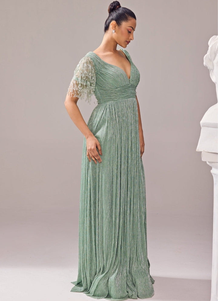 Green Embroidered High Slit Gown Jade by Ashima - Fabilicious Fashion