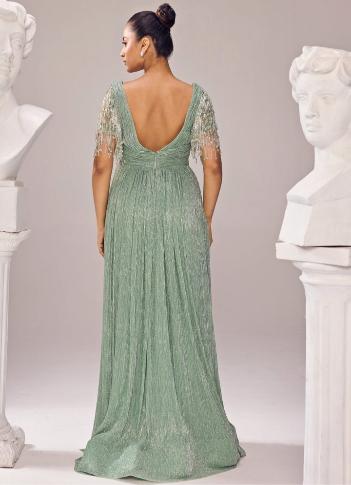 Green Embroidered High Slit Gown Jade by Ashima - Fabilicious Fashion