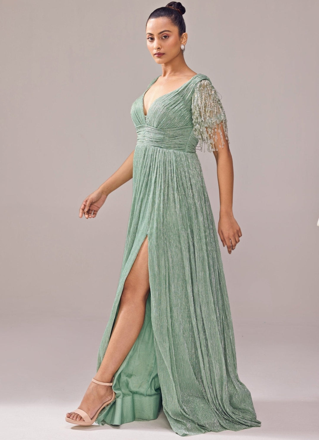 Green Embroidered High Slit Gown Jade by Ashima - Fabilicious Fashion