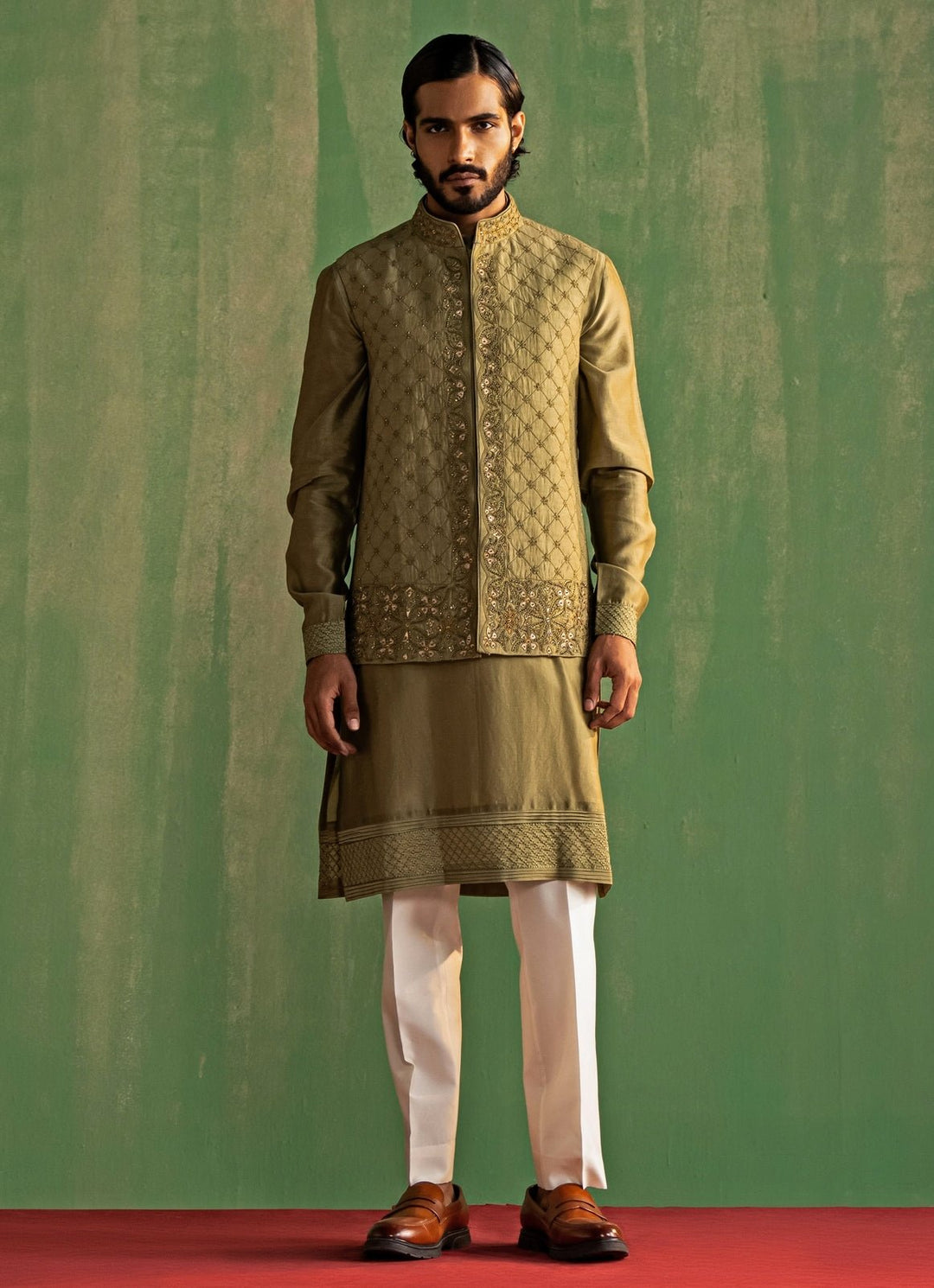 Green Embroidered Kurta Bundi Set Studio Bagechaa - Men - Fabilicious Fashion