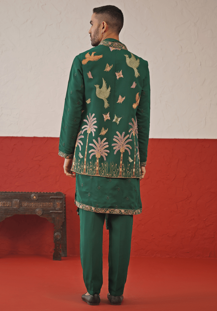 Green Embroidered Kurta Set With Jacket Kalpraag - Fabilicious Fashion