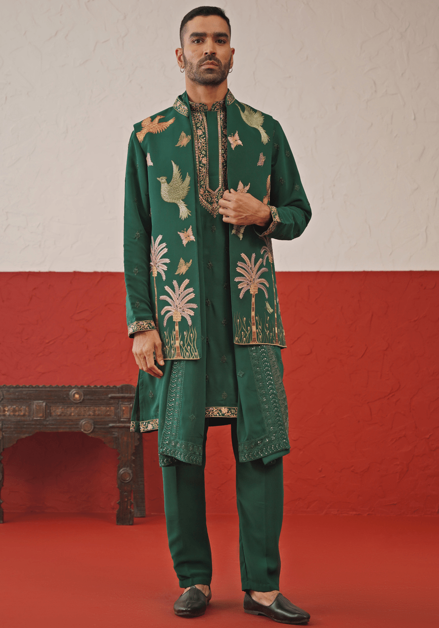 Green Embroidered Kurta Set With Jacket Kalpraag - Fabilicious Fashion