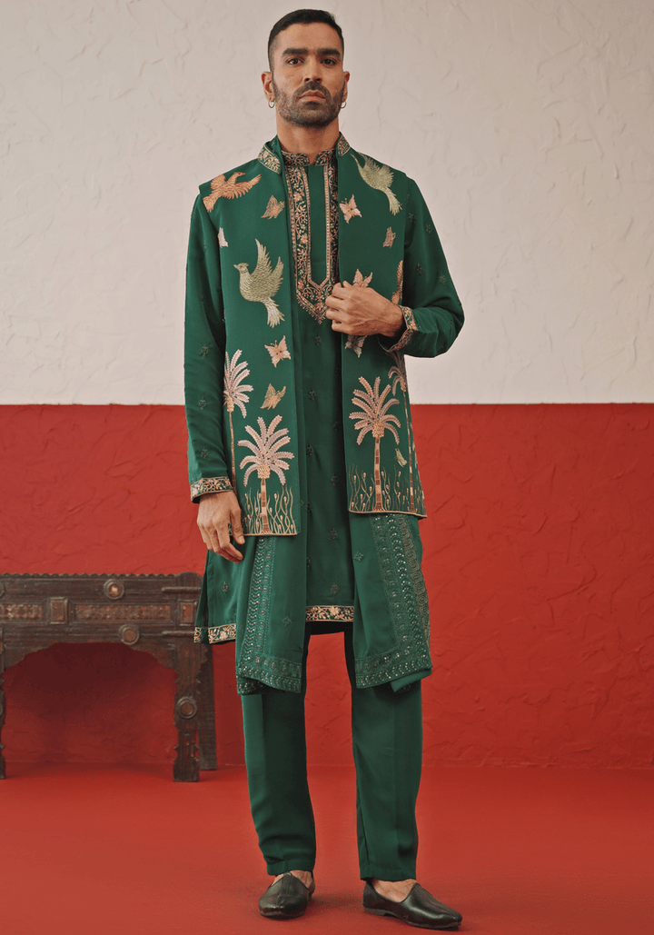 Green Embroidered Kurta Set With Jacket Kalpraag - Fabilicious Fashion