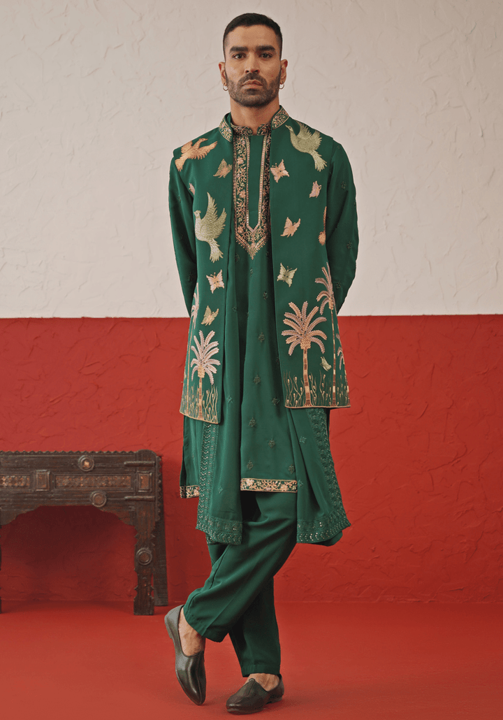 Green Embroidered Kurta Set With Jacket Kalpraag - Fabilicious Fashion