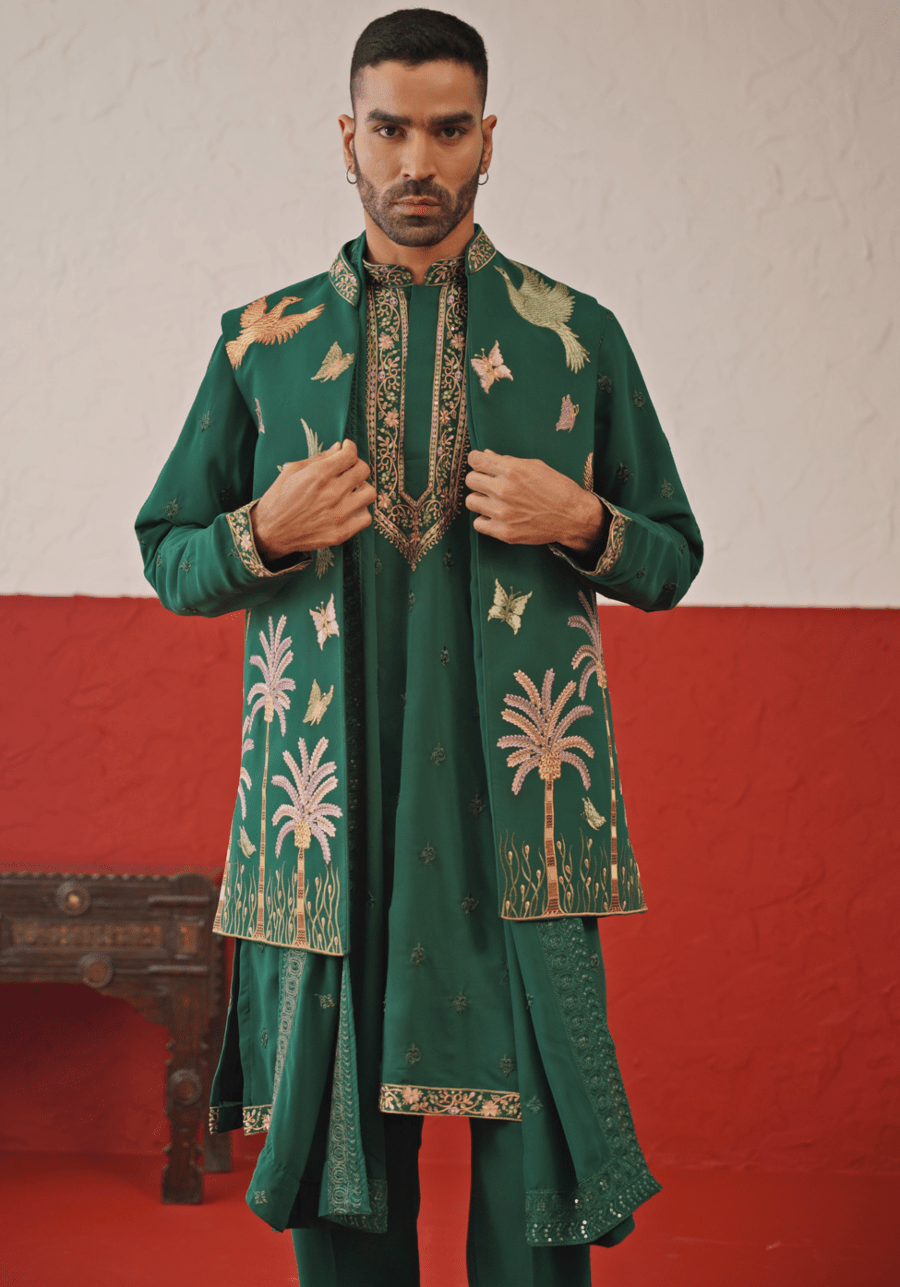 Green Embroidered Kurta Set With Jacket Kalpraag - Fabilicious Fashion