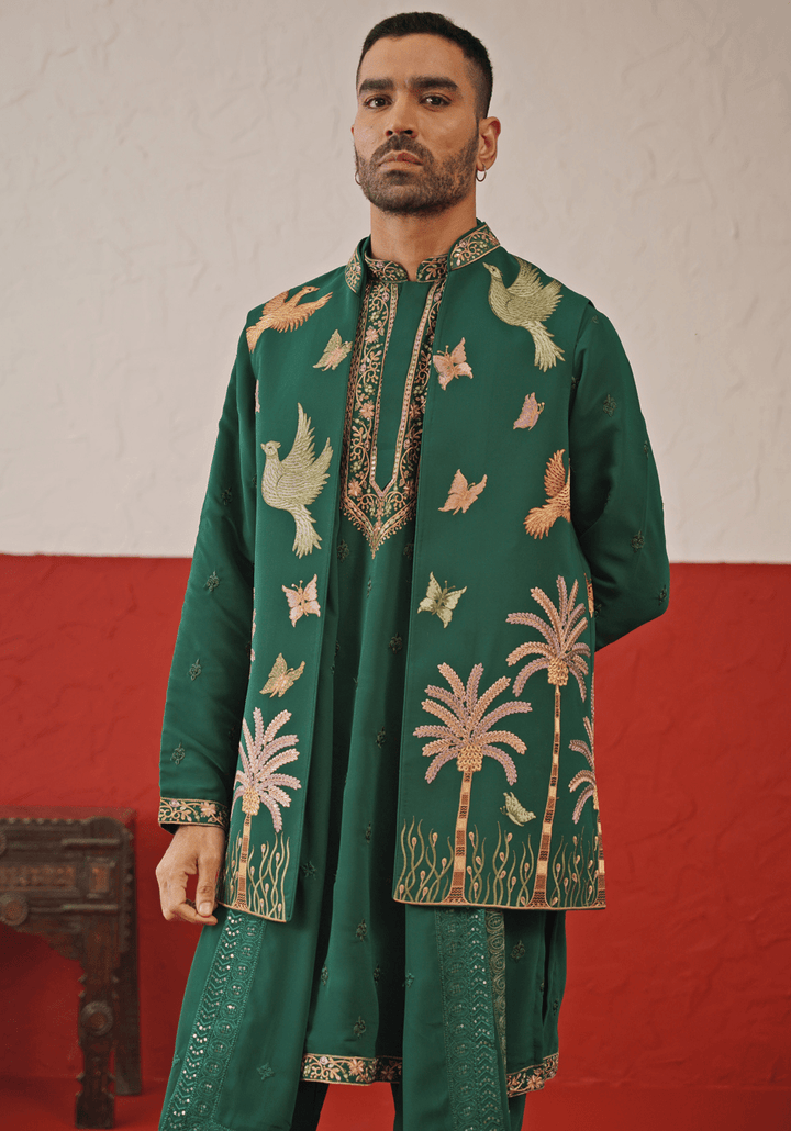 Green Embroidered Kurta Set With Jacket Kalpraag - Fabilicious Fashion