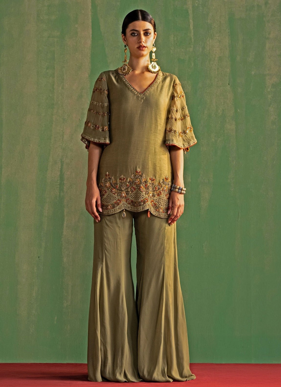 Green Embroidered Kurta Sharara Set Studio Bagechaa - Fabilicious Fashion