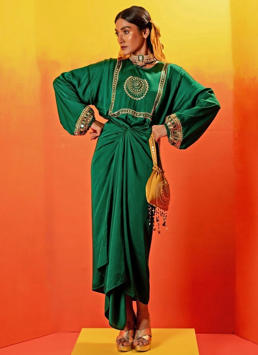 Green Embroidered Kurta Tie - Up And Draped Skirt Prahnaaya - Fabilicious Fashion