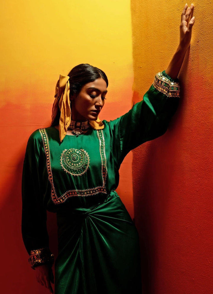 Green Embroidered Kurta Tie - Up And Draped Skirt Prahnaaya - Fabilicious Fashion