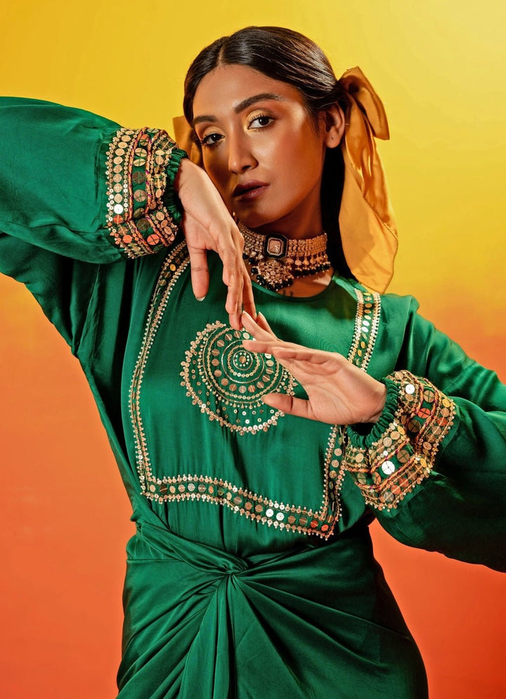Green Embroidered Kurta Tie - Up And Draped Skirt Prahnaaya - Fabilicious Fashion