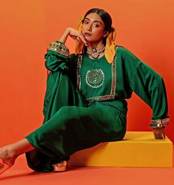 Green Embroidered Kurta Tie - Up And Draped Skirt Prahnaaya - Fabilicious Fashion