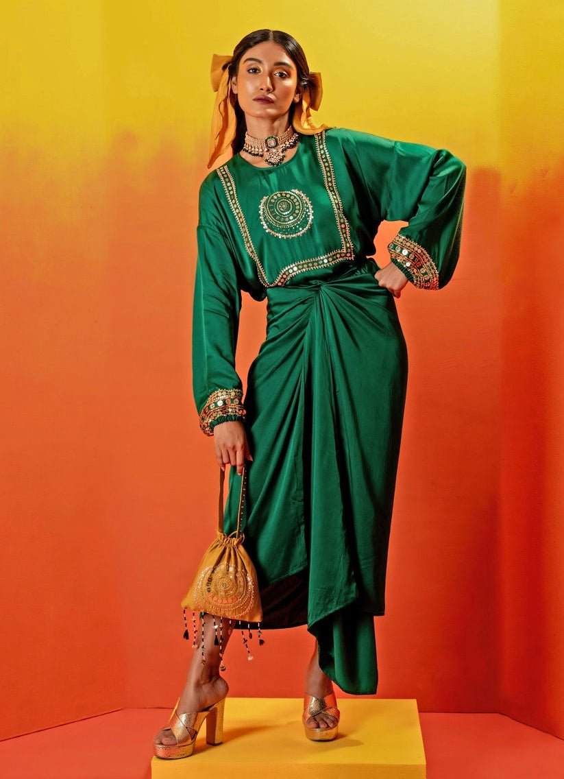 Green Embroidered Kurta Tie - Up And Draped Skirt Prahnaaya - Fabilicious Fashion
