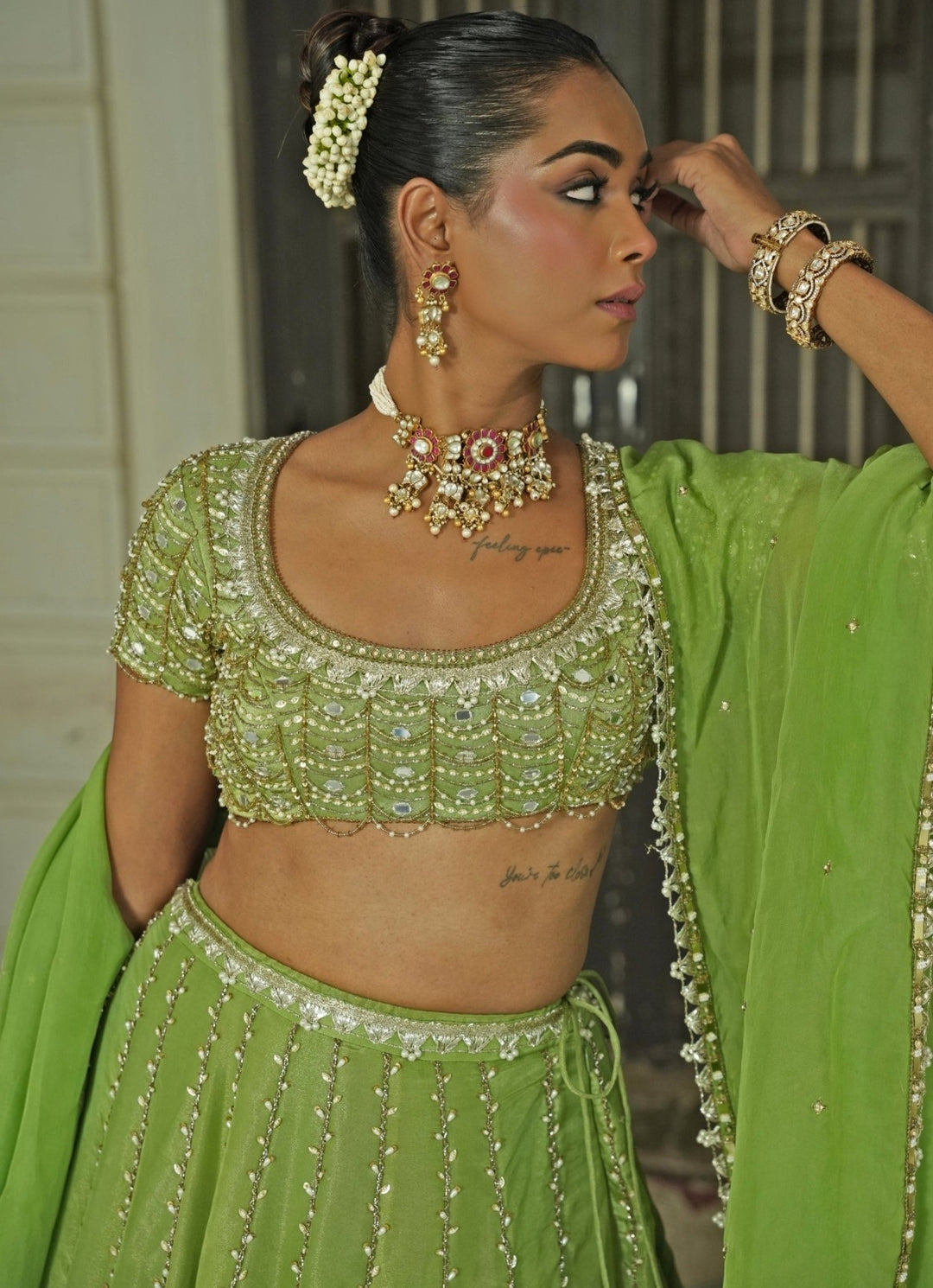 Green Embroidered Organza Lehenga Set Enamour by Radha - Fabilicious Fashion