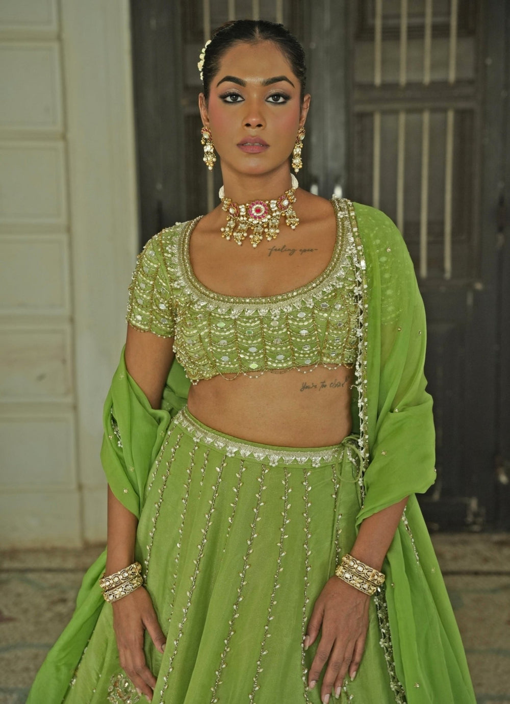 Green Embroidered Organza Lehenga Set Enamour by Radha - Fabilicious Fashion