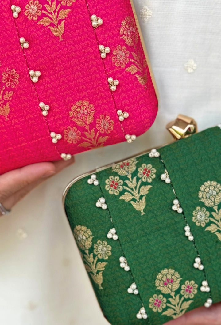 Amyra Green Embroidered Pure Silk ClutchFabilicious Fashion