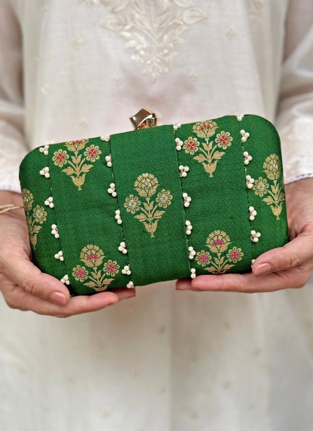 Amyra Green Embroidered Pure Silk ClutchFabilicious Fashion