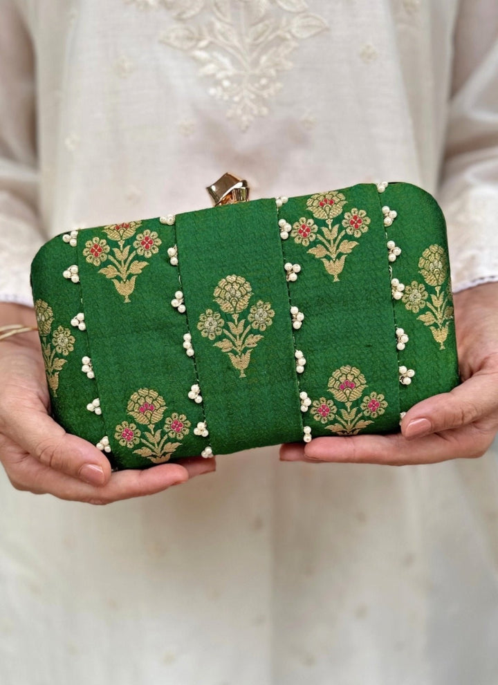 Amyra Green Embroidered Pure Silk ClutchFabilicious Fashion