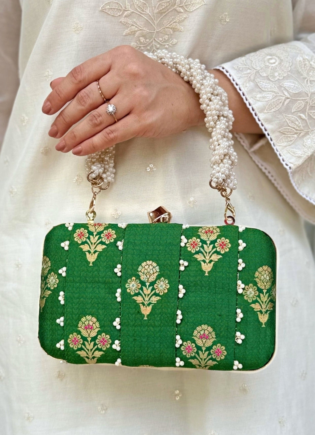 Amyra Green Embroidered Pure Silk ClutchFabilicious Fashion