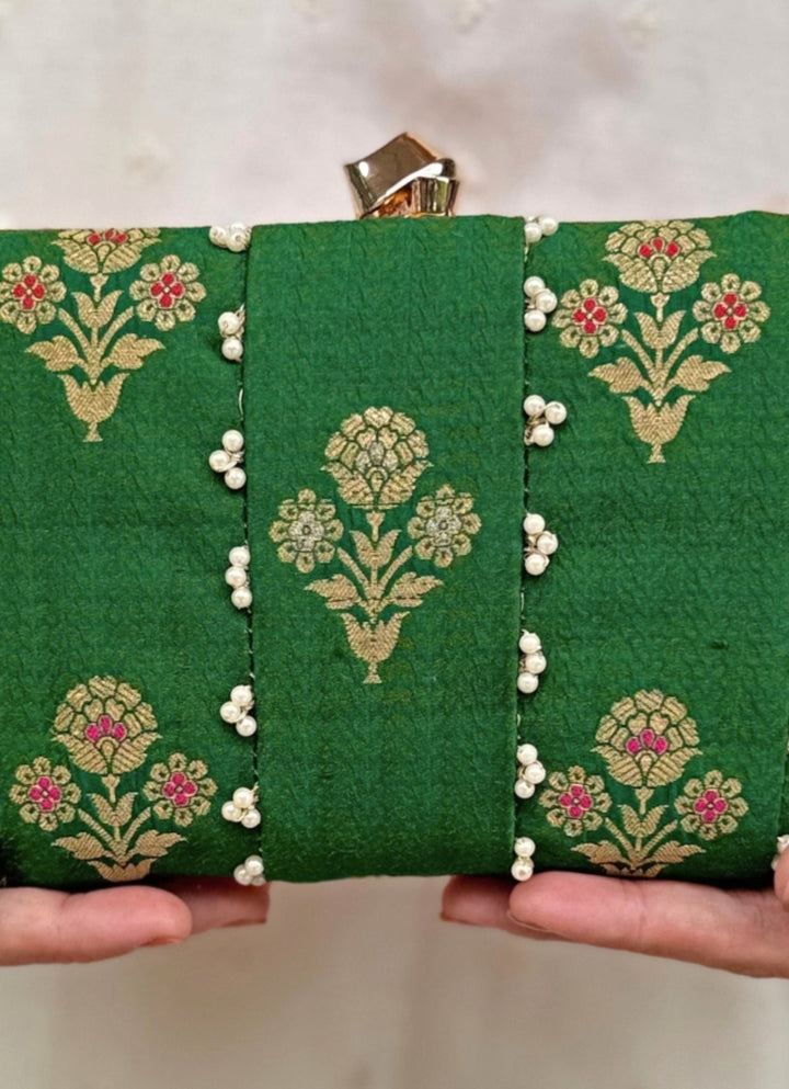 Amyra Green Embroidered Pure Silk ClutchFabilicious Fashion