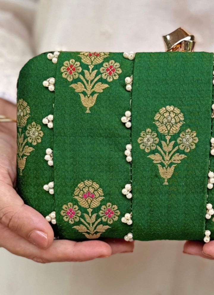 Amyra Green Embroidered Pure Silk ClutchFabilicious Fashion