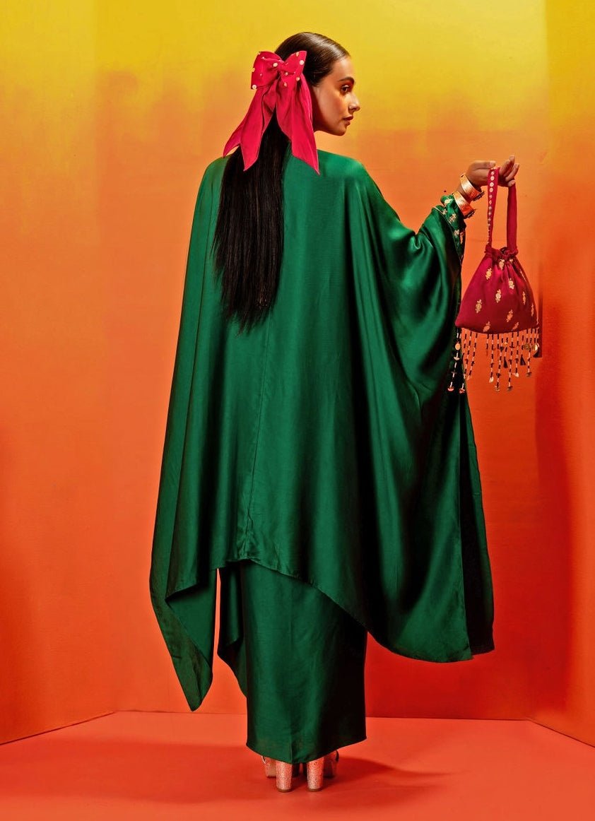 Green Embroidered Satin Kaftan With Wrap Skirt Prahnaaya - Fabilicious Fashion
