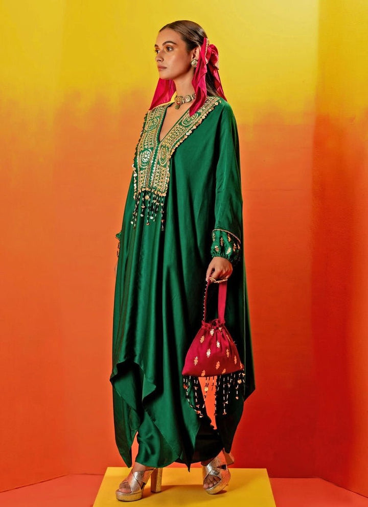 Green Embroidered Satin Kaftan With Wrap Skirt Prahnaaya - Fabilicious Fashion