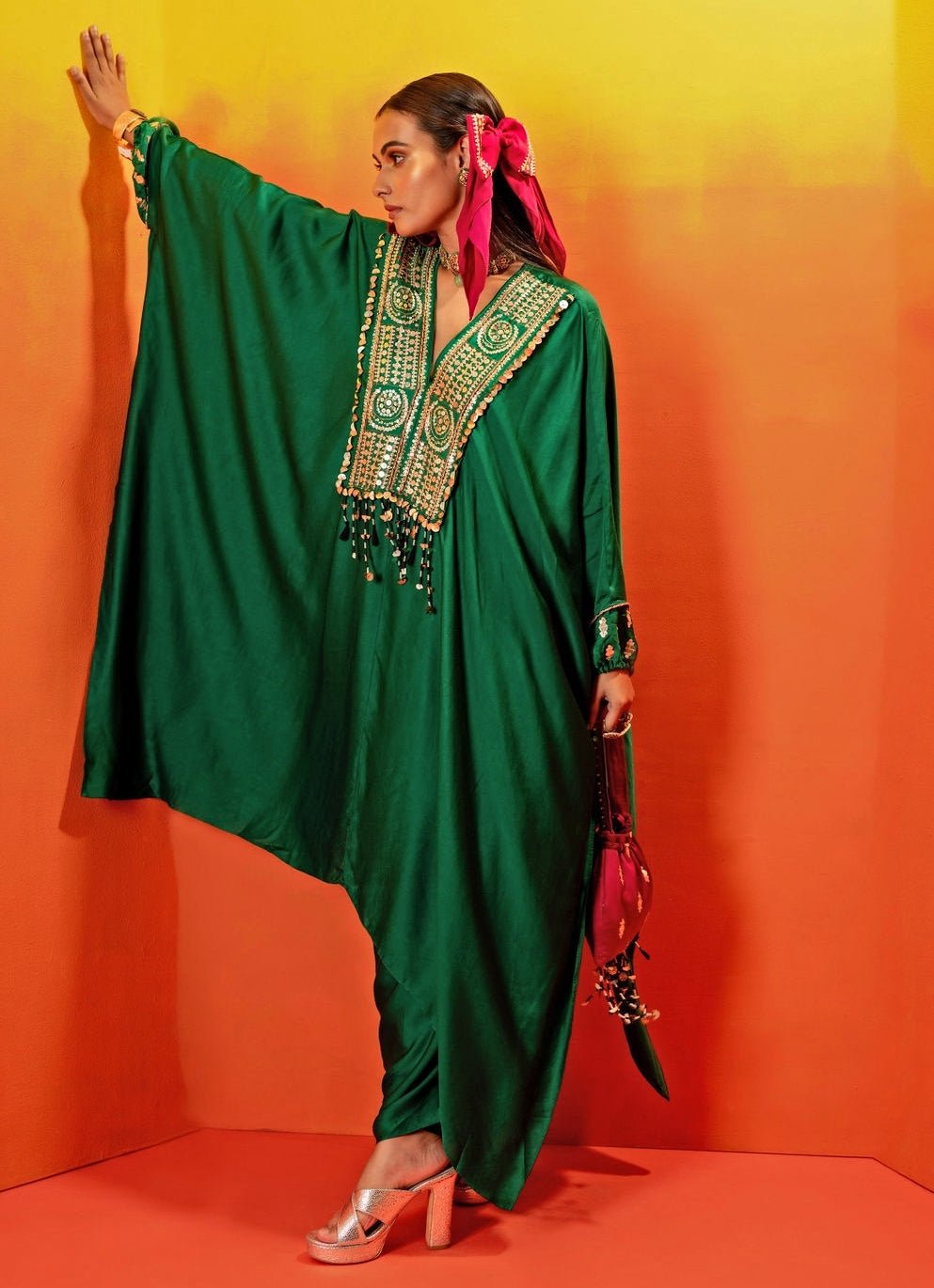 Green Embroidered Satin Kaftan With Wrap Skirt Prahnaaya - Fabilicious Fashion
