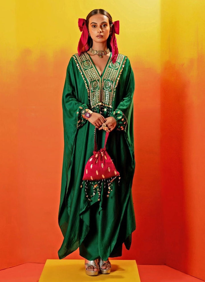 Green Embroidered Satin Kaftan With Wrap Skirt Prahnaaya - Fabilicious Fashion