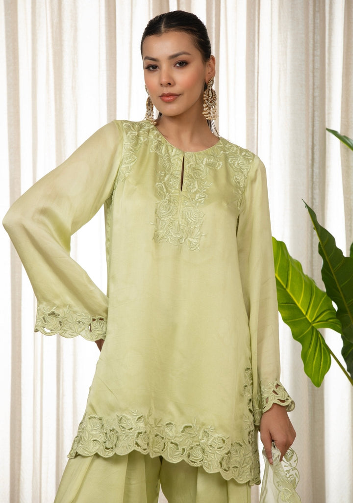Green Embroidered Satin Kurta Salwar Set Esha Koul - Fabilicious Fashion