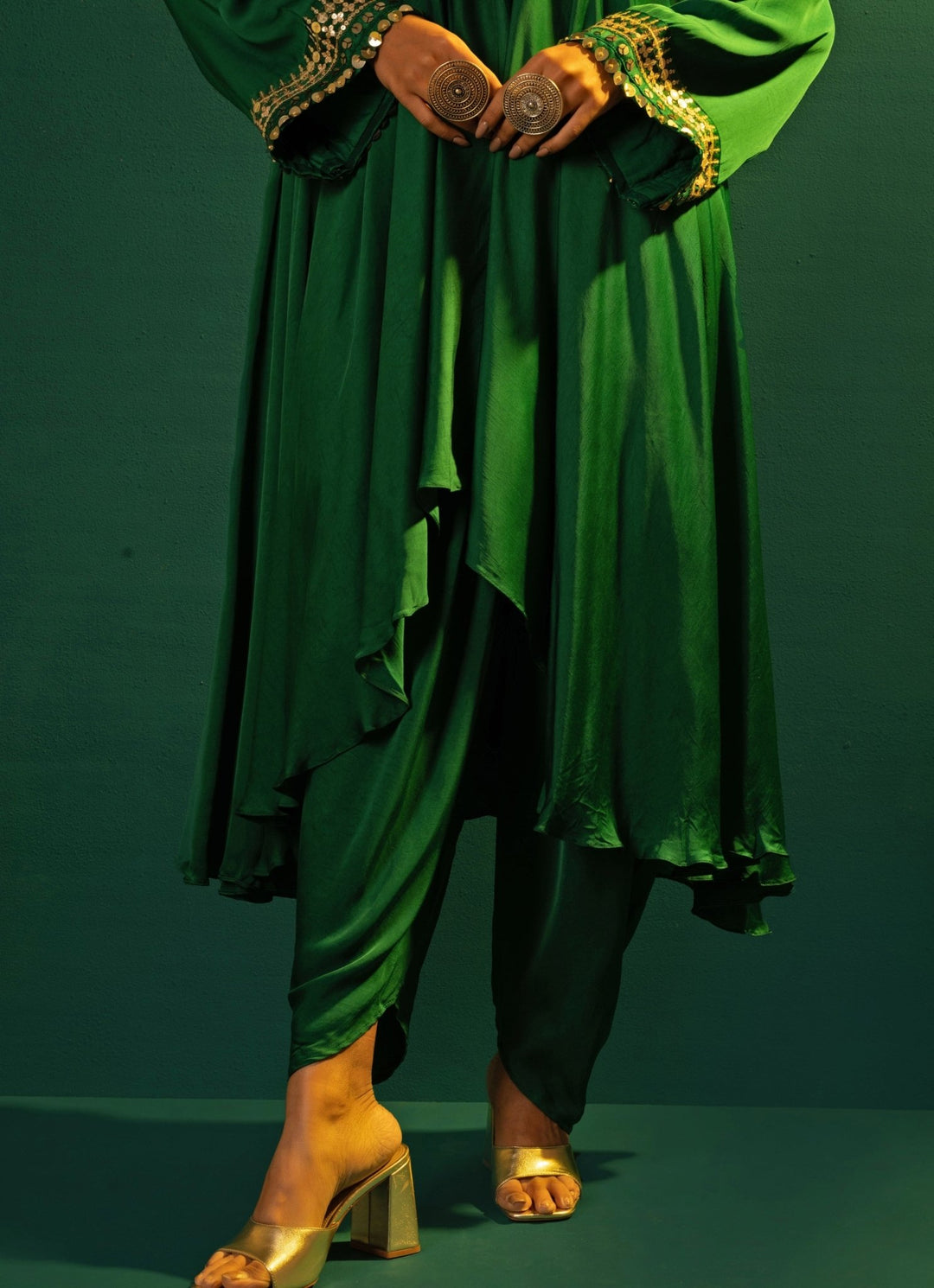 Prahnaaya Green Embroidered Satin Silk High-Low Kurta Dhoti Pants Set Fabilicious Fashion Prahnaaya Green Embroidered Satin Silk High-Low Kurta Dhoti Pants Set Fabilicious Fashion