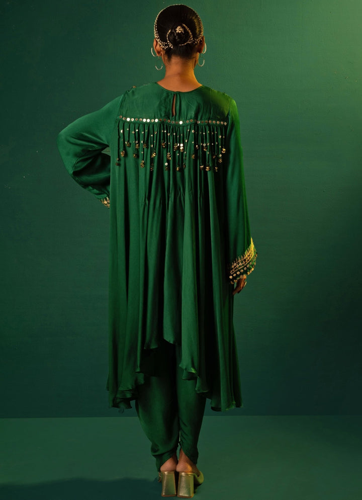 Green Embroidered Satin Silk High - Low Kurta And Dhoti Pant Set Prahnaaya - Fabilicious Fashion