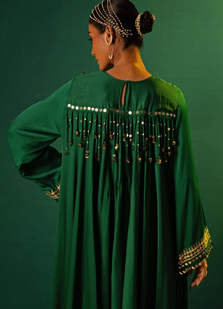 Green Embroidered Satin Silk High - Low Kurta And Dhoti Pant Set Prahnaaya - Fabilicious Fashion