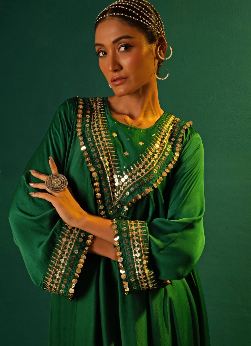 Green Embroidered Satin Silk High - Low Kurta And Dhoti Pant Set Prahnaaya - Fabilicious Fashion