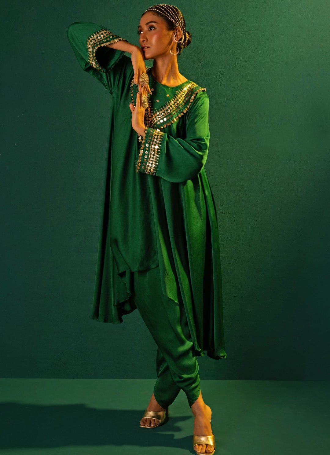 Green Embroidered Satin Silk High - Low Kurta And Dhoti Pant Set Prahnaaya - Fabilicious Fashion