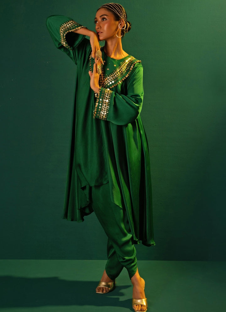 Green Embroidered Satin Silk High - Low Kurta And Dhoti Pant Set Prahnaaya - Fabilicious Fashion
