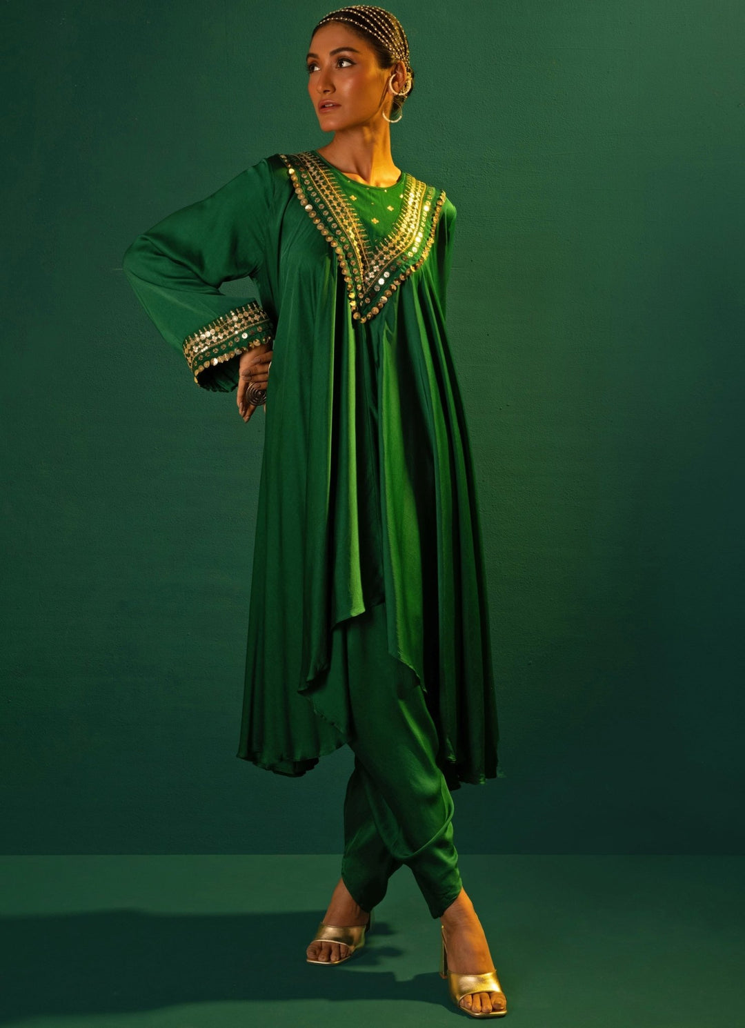 Green Embroidered Satin Silk High - Low Kurta And Dhoti Pant Set Prahnaaya - Fabilicious Fashion