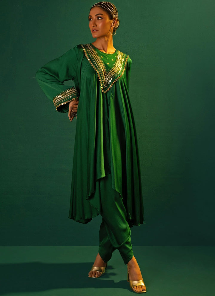 Green Embroidered Satin Silk High - Low Kurta And Dhoti Pant Set Prahnaaya - Fabilicious Fashion