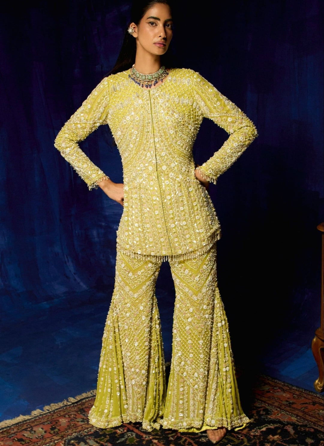 Green Embroidered Short Kurta Garara Set Mani Bhatia - Fabilicious Fashion