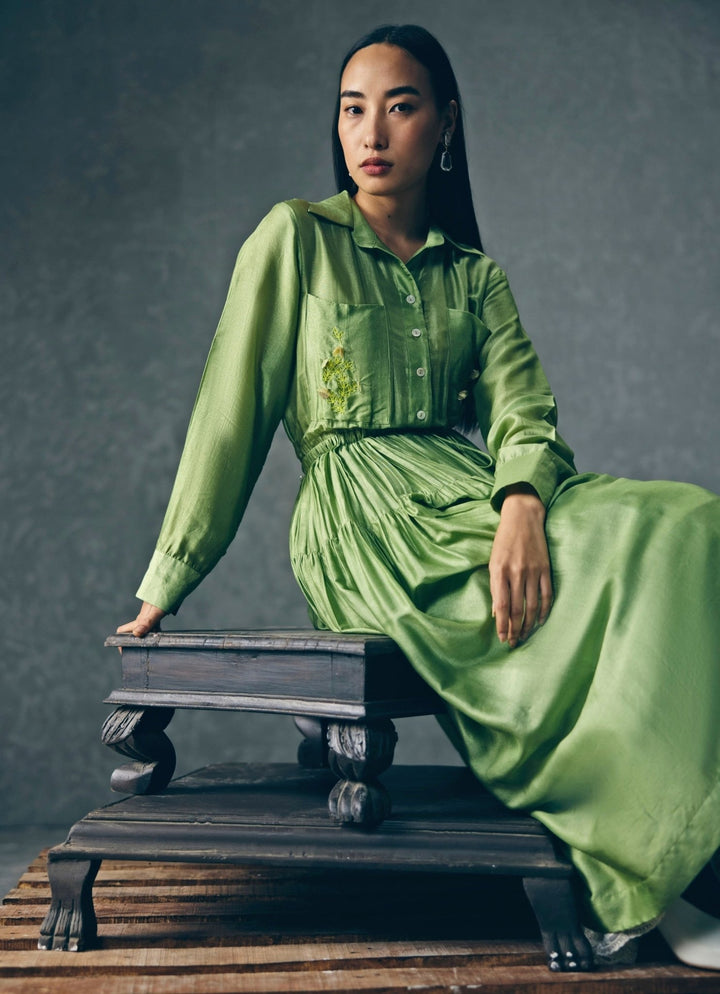 Green Embroidered Silk Dress Paulmi and Harsh X Ease - Fabilicious Fashion