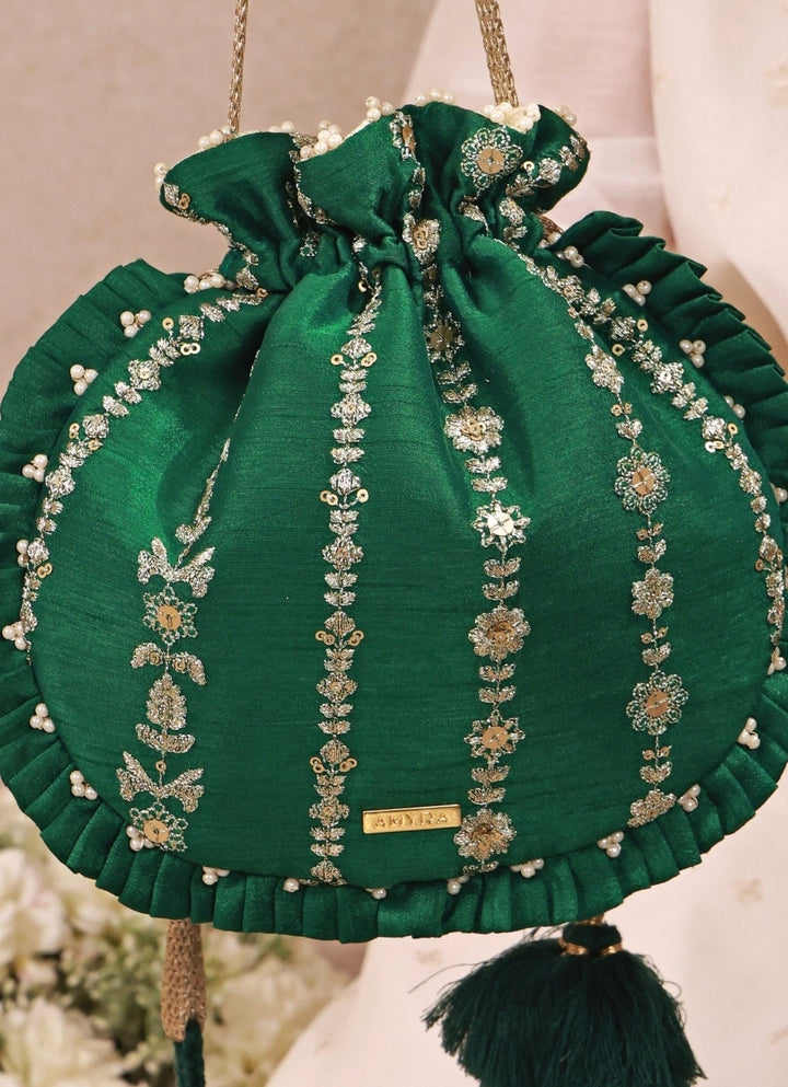 Amyra Green Embroidered Silk Pleated PotliFabilicious Fashion