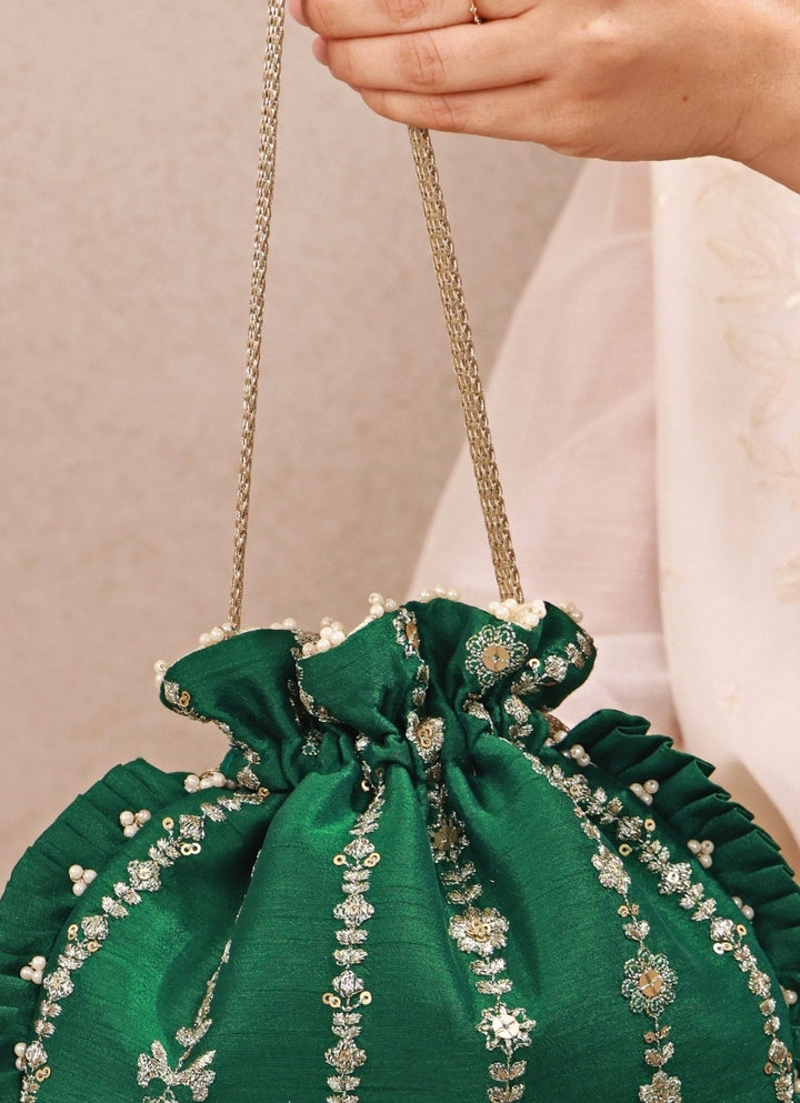 Amyra Green Embroidered Silk Pleated PotliFabilicious Fashion