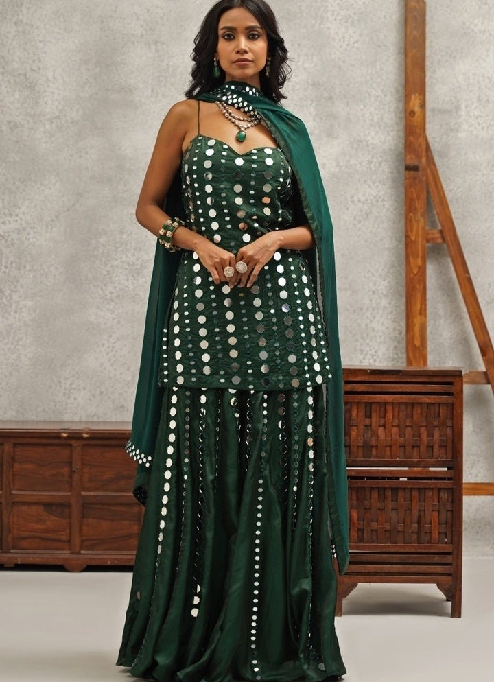 Green Embroidered Silk Sharara Set Kapda Dori - Fabilicious Fashion