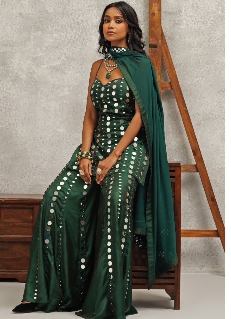 Green Embroidered Silk Sharara Set Kapda Dori - Fabilicious Fashion