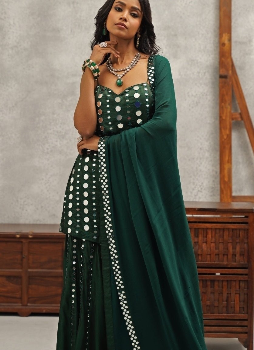 Green Embroidered Silk Sharara Set Kapda Dori - Fabilicious Fashion
