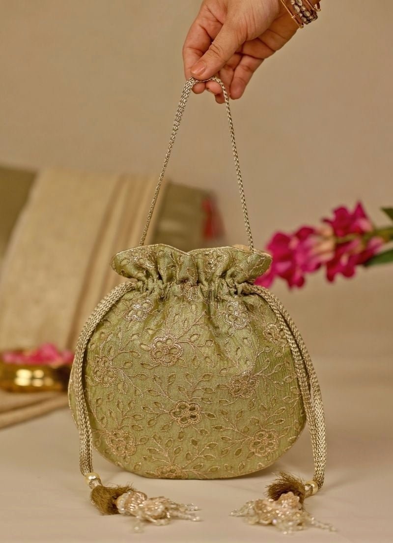 Green Embroidered Tissue Potli Amyra - Fabilicious Fashion