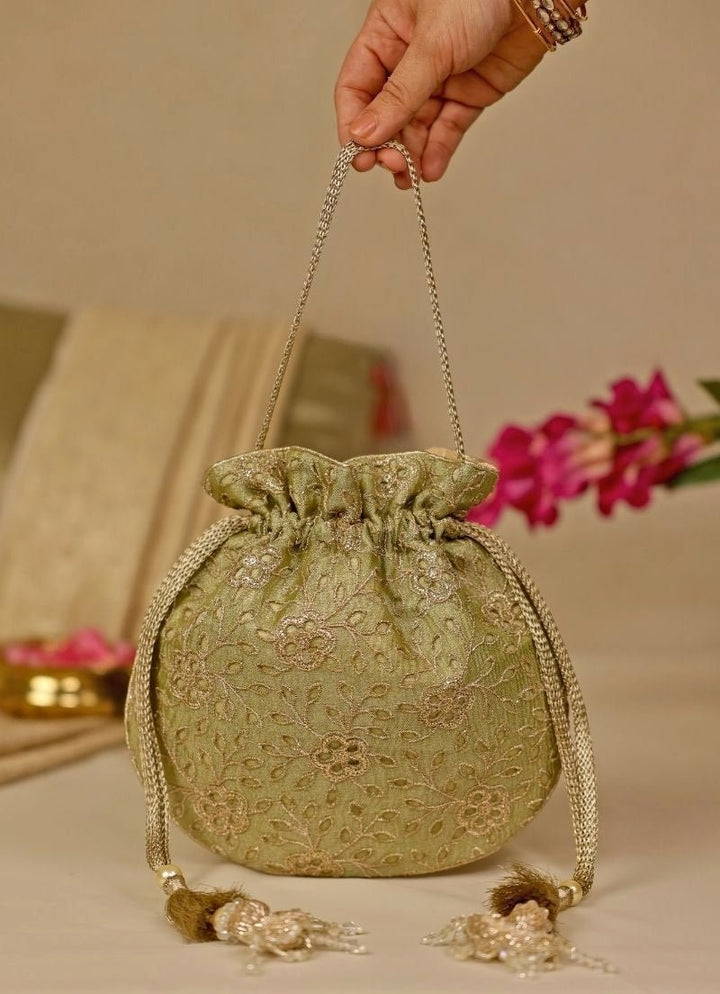 Green Embroidered Tissue Potli Amyra - Fabilicious Fashion